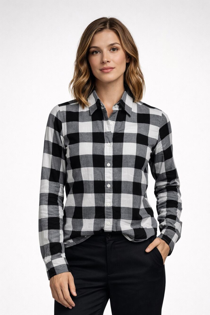 Norma Kamali Black White Buffalo Plaid Long Sleeve‎ Button Down Shirt Womens XS
